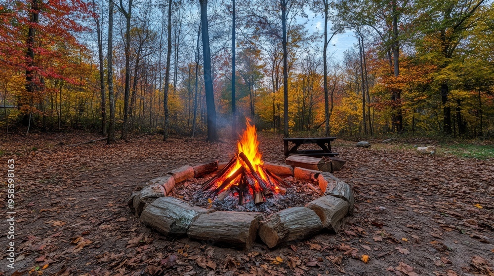 A cozy bonfire scene with a large, roaring fire set in a clearing surrounded by tall trees with colorful autumn leaves. The fire's warm light illuminates the surrounding area, casting flickering A cozy bonfire scene with a large, roaring fire set in a clearing surrounded by tall trees with colorful autumn leaves. The fire's warm light illuminates the surrounding area, casting flickering