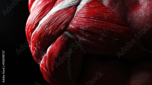 A close-up of intricate red muscle fibers, showcasing strength and anatomy, perfect for health and fitness themed visuals.
