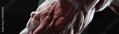 Close-up of a muscular hand showcasing detailed skin and muscle structure against a dark background, emphasizing strength and anatomy.