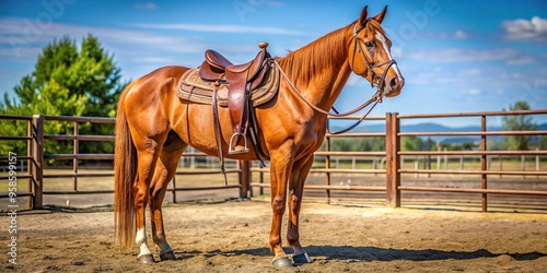 countryside, sorrel, western, strength, farm, ranch, leisure., wide-angle, ride, A beautiful sorrel horse with a well fitted saddle stands tall and poised in a corral eager for a ride