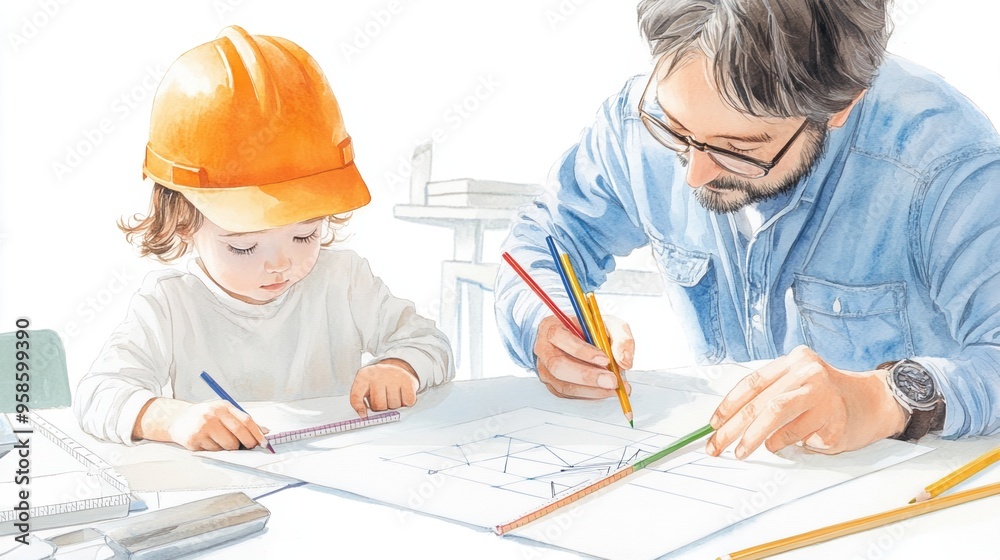 A father and child engaging in creative drawing with colorful pencils, fostering imagination and artistic skills together. watercolor style. A father and child engaging in creative drawing with colorful pencils, fostering imagination and artistic skills together. watercolor style.