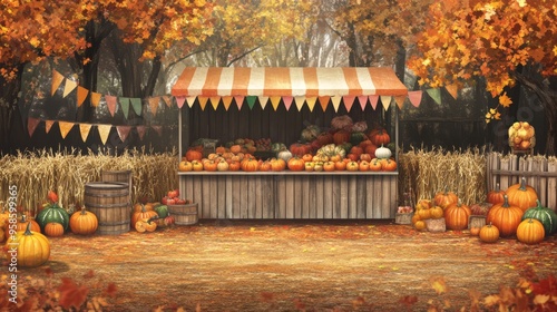 An autumn festival background featuring a charming farm stand overflowing with pumpkins, gourds, and other seasonal produce. The stand is adorned with colorful bunting and surrounded by hay bales and