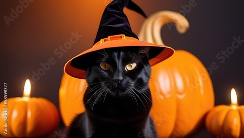 black cat wearing witch hat nestled orange pumpkins orange background wishing happy halloween photo