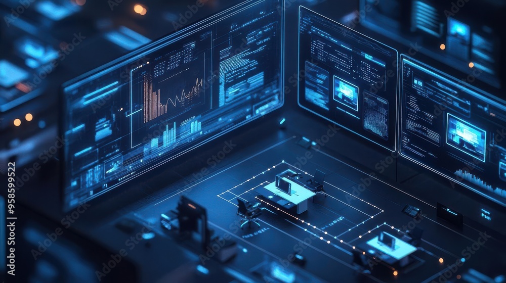 Obraz premium Futuristic digital interface with data visualization and charts on multiple screens in a dark room.