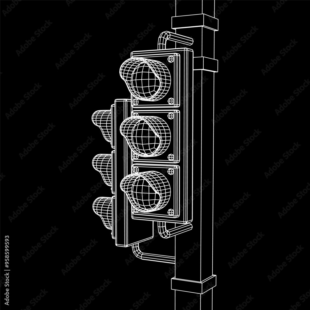 Traffic light with three lights. Wireframe low poly mesh vector illustration.