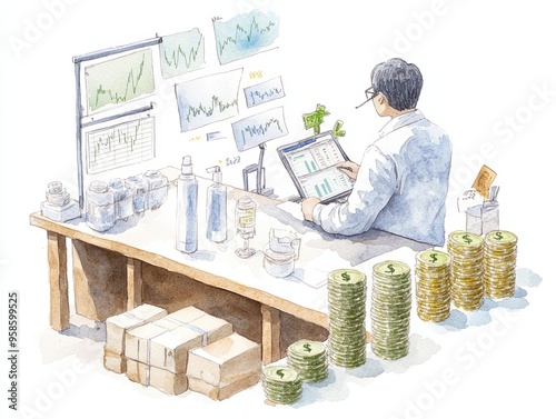 A financial analyst reviewing data and charts, surrounded by stacks of cash and packages, in a modern workspace setting. watercolor style. photo