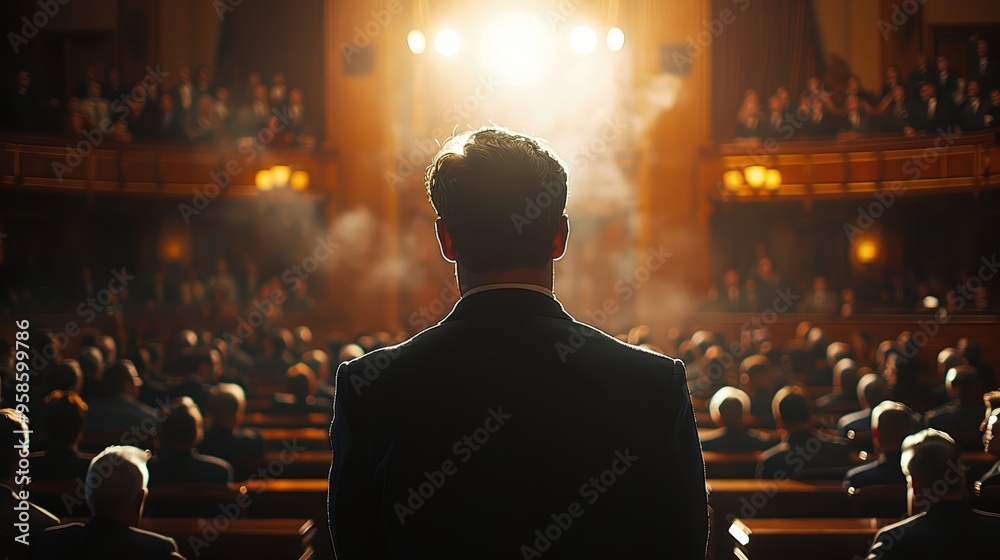 A powerful and dramatic moment is captured as a lone individual stands before a captivated audience in a grand, dimly lit theater while a bright spotlight shines from above A powerful and dramatic moment is captured as a lone individual stands before a captivated audience in a grand, dimly lit theater while a bright spotlight shines from above