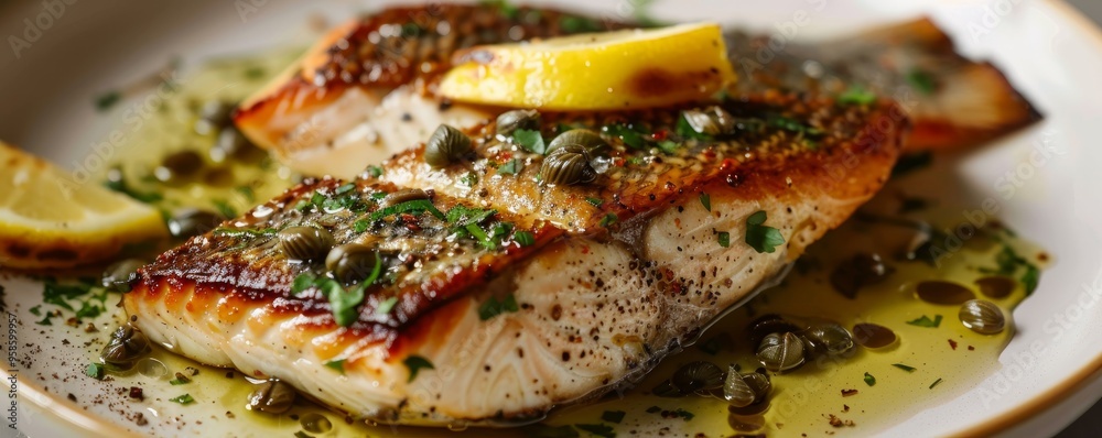 Pan-seared sea bass with lemon caper sauce, 4K hyperrealistic photo Pan-seared sea bass with lemon caper sauce, 4K hyperrealistic photo