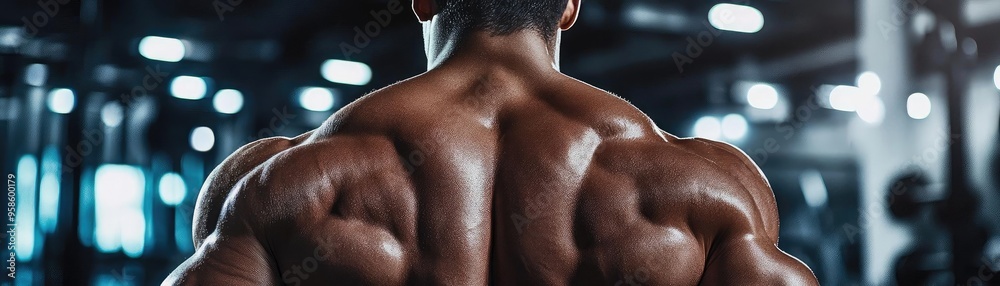 A muscular back view showcasing strength and dedication in a fitness environment, ideal for fitness and bodybuilding themes. A muscular back view showcasing strength and dedication in a fitness environment, ideal for fitness and bodybuilding themes.
