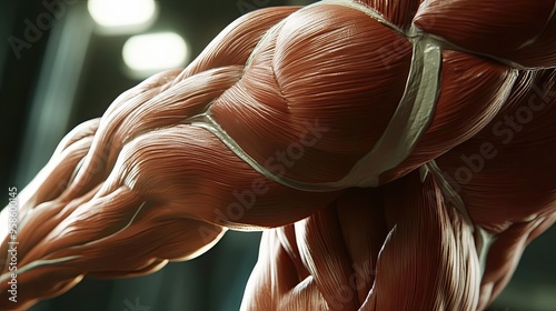 Detailed anatomical illustration of human muscle structure showcasing muscle fibers and tissue in a dynamic pose.