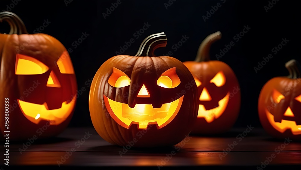 halloween card featuring glowing surrounded candles black background row sinister pumpkins carved grimaces smokes ominously darkness halloween card featuring glowing surrounded candles black background row sinister pumpkins carved grimaces smokes ominously darkness