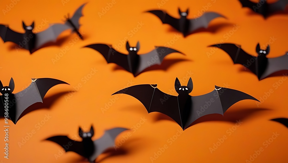 halloween flat lay composition featuring black paper bats flying gold stars orange background halloween flat lay composition featuring black paper bats flying gold stars orange background
