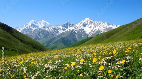 Stunning alpine landscape with majestic mountains and blooming meadow flowers in summer