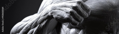 Detailed close-up of muscular anatomy, showcasing the intricate structures and definition of human muscles in black and white.