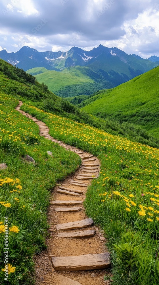 Fototapeta premium Mountain Hiking Trail Through Wildflowers