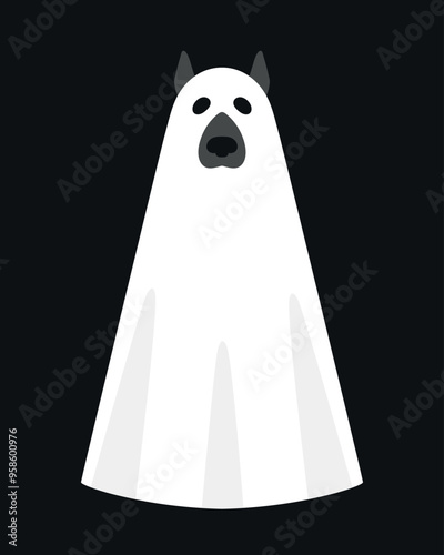 Ghost dog on a dark background. Dog in a ghost sheet. Vector illustration