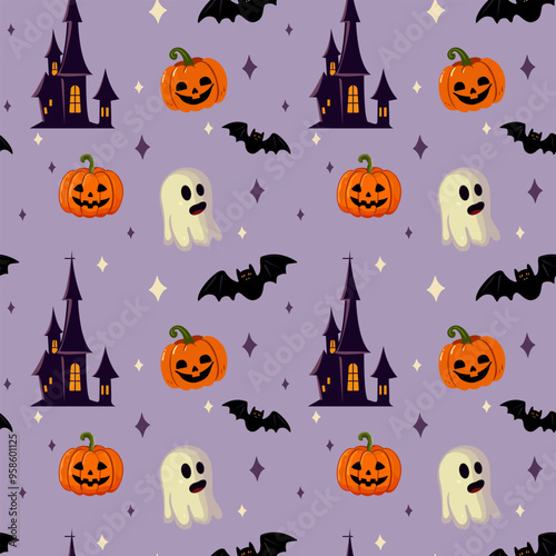 Seamless Halloween background with ghost, gloomy house, bat and pumpkins for use in textiles, wallpapers, packaging and holiday decorations Vector