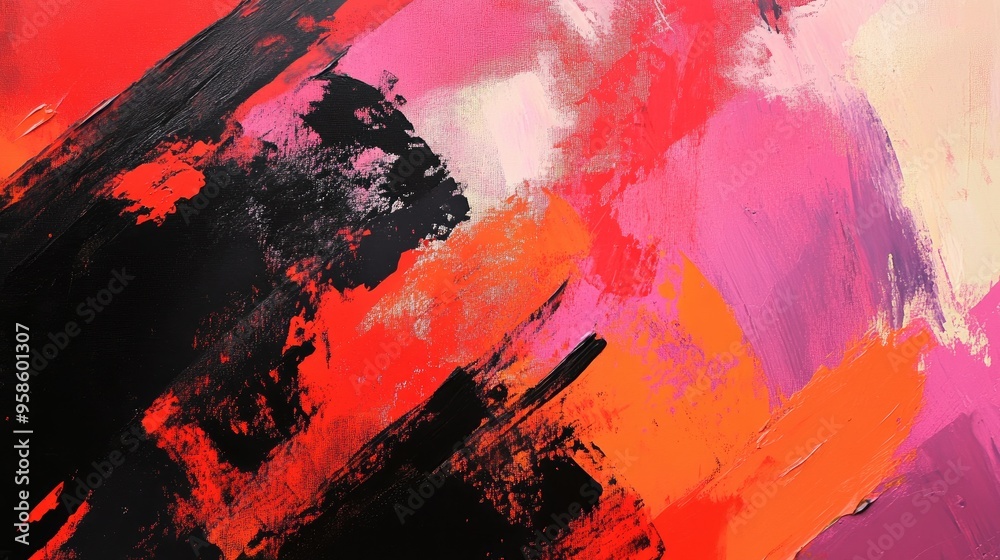 Abstract Painting with Bold Strokes of Red, Pink, Orange, and Black Abstract Painting with Bold Strokes of Red, Pink, Orange, and Black