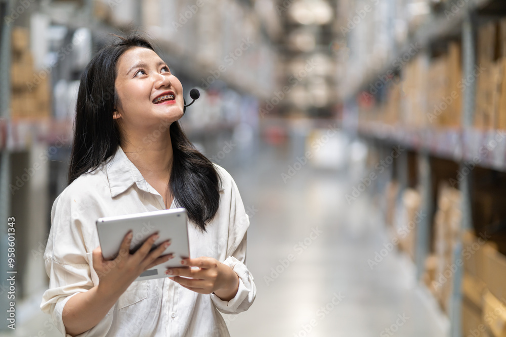 Female engineer is handling shipping and checking stock inventory in the warehouse with a tablet, industry, import-export, inventory management, logistics, global transportation at warehouse, business Female engineer is handling shipping and checking stock inventory in the warehouse with a tablet, industry, import-export, inventory management, logistics, global transportation at warehouse, business