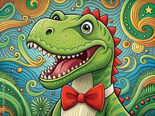 Colorful, whimsical illustration of a smiling, green Tyrannosaurus Rex wearing a red bow tie, surrounded by colorful,