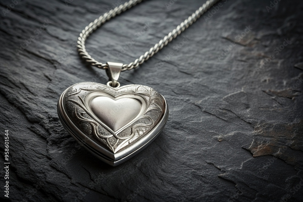 locket, necklace, charcoal texture, background, heart shape,silver, Silver heart shape locket with necklace on black charcoal texture background High Angle