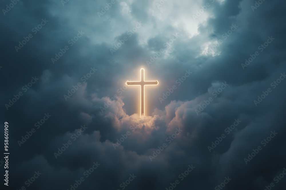 A glowing cross is prominently displayed in a cloudy sky, radiating bright light through the clouds. A glowing cross is prominently displayed in a cloudy sky, radiating bright light through the clouds.