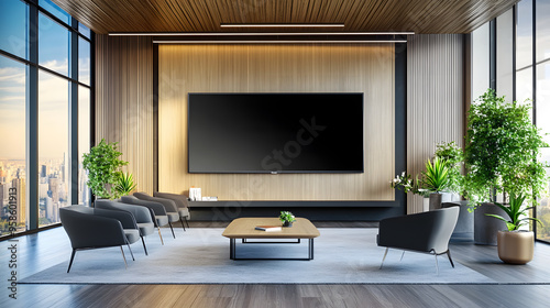 Modern minimalist office aesthetic large TV screen wall mounting technology innovation concept upscale corporate lobby design cool calm serene focus attention grabber statement piece center attraction