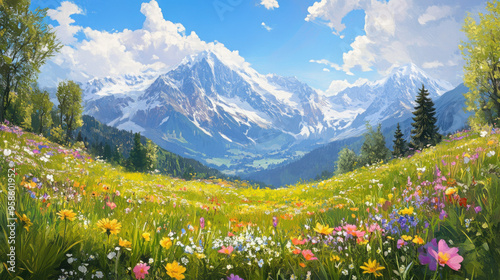 A vibrant spring meadow in the Alps with a variety of blooming wildflowers and snow-capped mountains in the distance.