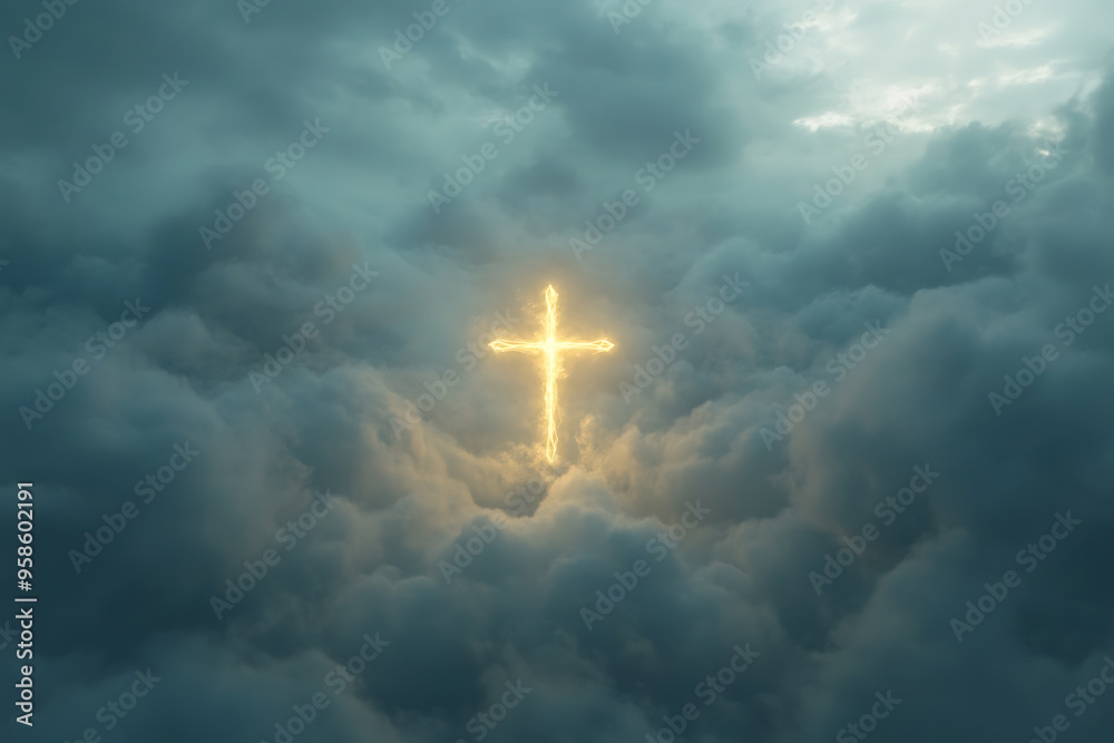 A glowing cross is prominently displayed in a cloudy sky, radiating bright light through the clouds. A glowing cross is prominently displayed in a cloudy sky, radiating bright light through the clouds.
