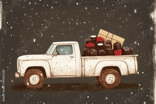 A charming white pickup transports a large box of chocolates amidst soft abstract shapes and gentle snowflakes on a rich dark brown backdrop