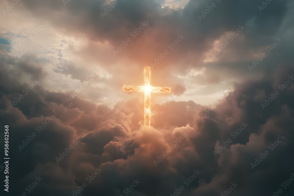 A glowing cross is prominently displayed in a cloudy sky, radiating bright light through the clouds. A glowing cross is prominently displayed in a cloudy sky, radiating bright light through the clouds.