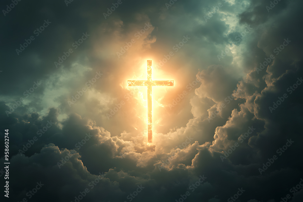 A glowing cross is prominently displayed in a cloudy sky, radiating bright light through the clouds. A glowing cross is prominently displayed in a cloudy sky, radiating bright light through the clouds.