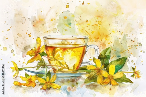 Fototapeta Naklejka Na Ścianę i Meble -  Watercolor Herbal Tea with Hypericum Perforatum Plant. Blooming Yellow Blossoms and Leaves, Nature Illustration on White Background