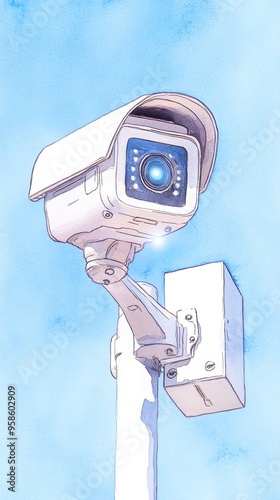 A modern surveillance camera mounted on a pole, capturing a clear blue sky background, representing security and monitoring. watercolor style.