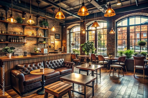 Cozy atmosphere of a vintage-inspired coffee shop in the heart of the city, featuring dark wood accents, comfy photo