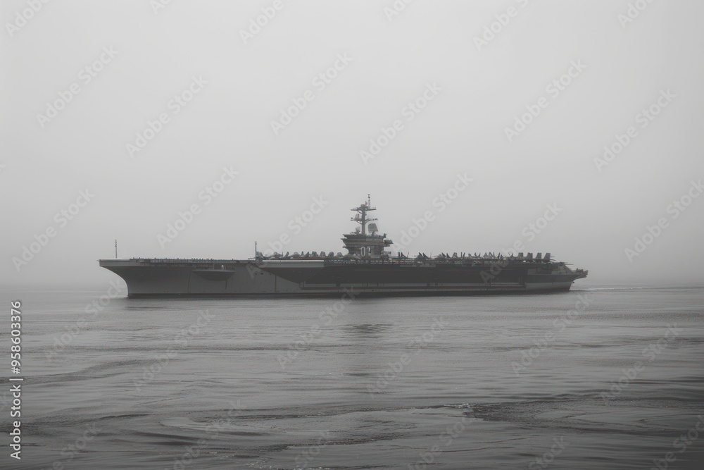 Aircraft carrier sailing in the foggy ocean. Military and defense concept. Aircraft carrier sailing in the foggy ocean. Military and defense concept.