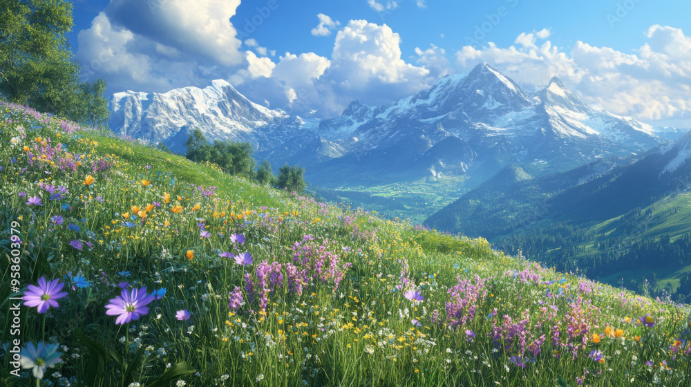 Obraz premium A peaceful alpine scene with blooming wildflowers, rolling green hills, and the majestic Alps standing tall in the background.