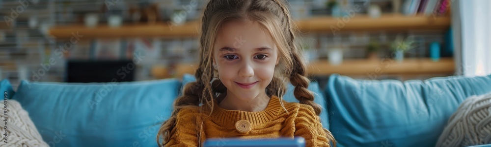 Young girl sitting on a couch with a tablet, banner, copy space Young girl sitting on a couch with a tablet, banner, copy space