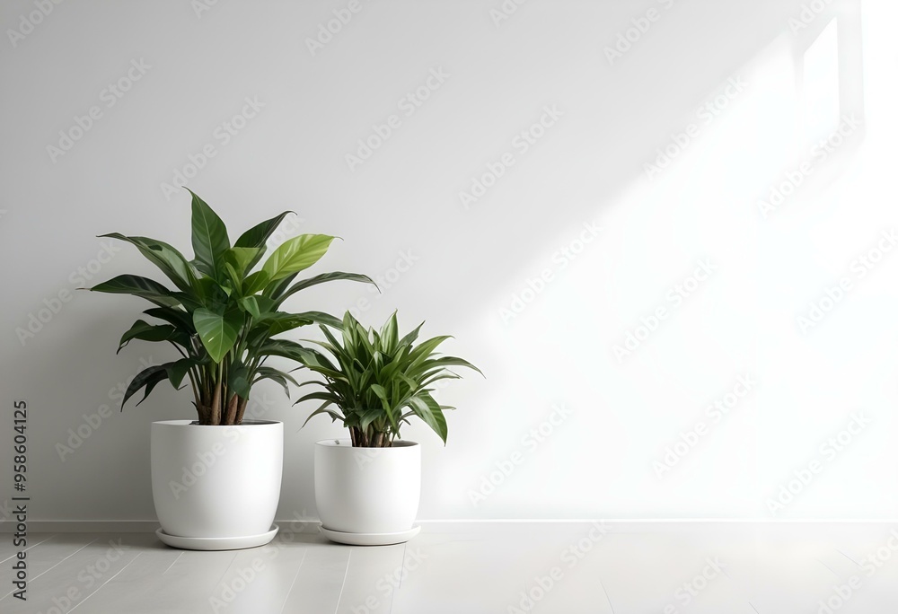 Two potted plants with green leaves on a white wall background. Two potted plants with green leaves on a white wall background.