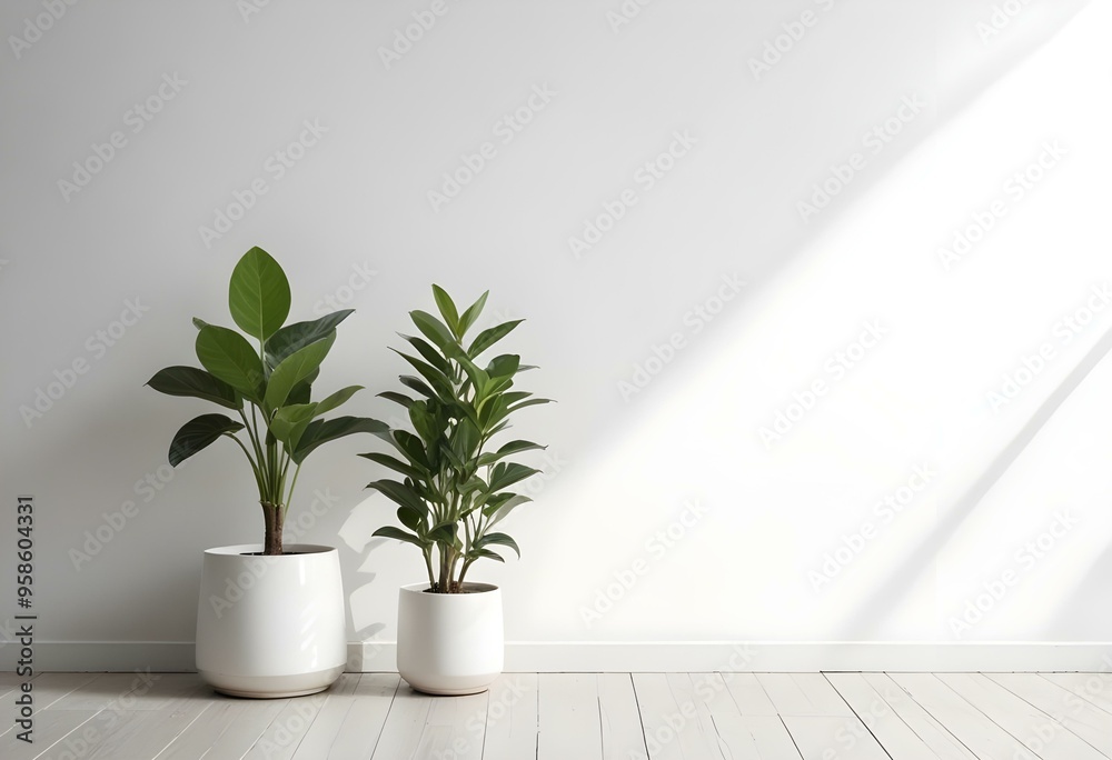 Two potted plants with green leaves on a white wall background. Two potted plants with green leaves on a white wall background.