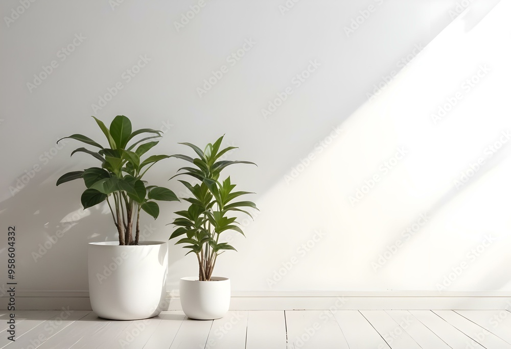 Two potted plants with green leaves on a white wall background.
