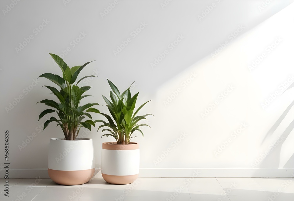 Two potted plants with green leaves on a white wall background. Two potted plants with green leaves on a white wall background.