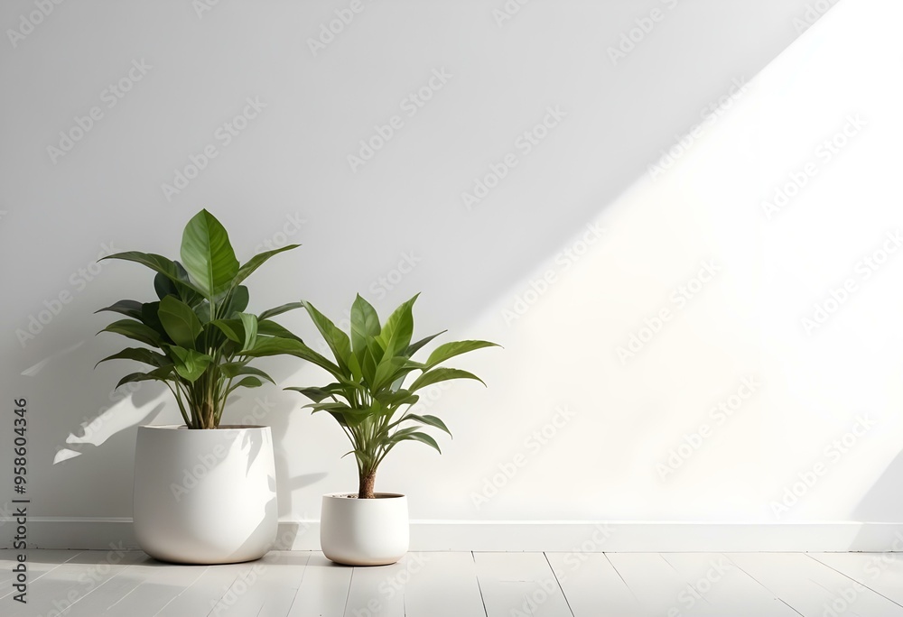 Two potted plants with green leaves on a white wall background. Two potted plants with green leaves on a white wall background.