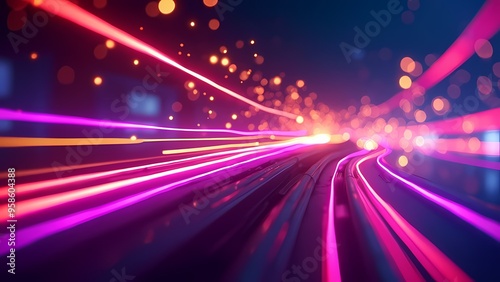 Futuristic Abstract Background with Glowing Neon Light Arcs and Bokeh Lights