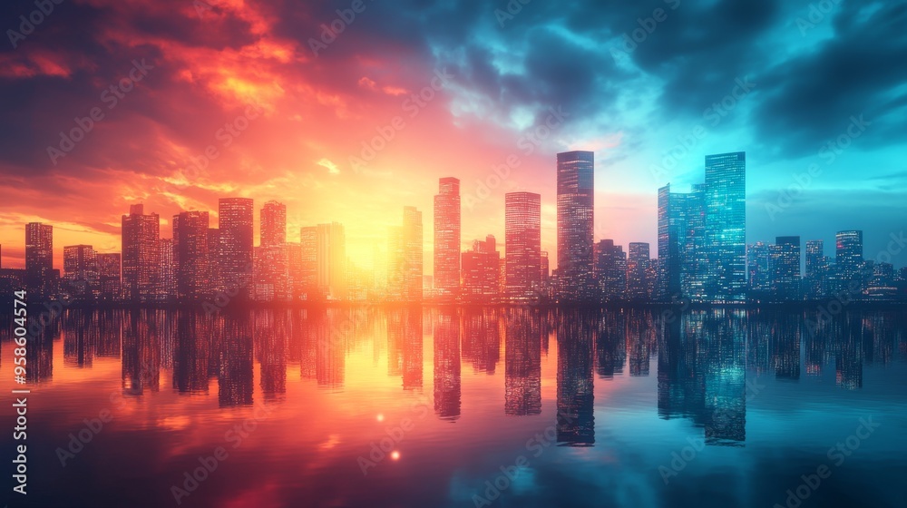 Fototapeta premium Cityscape Sunset Reflection.