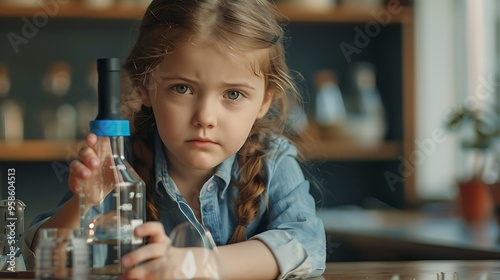 Little 6-year-old cute girl with a microscope holding a laboratory bottle with water, conducting an experiment at school, captured in high definition