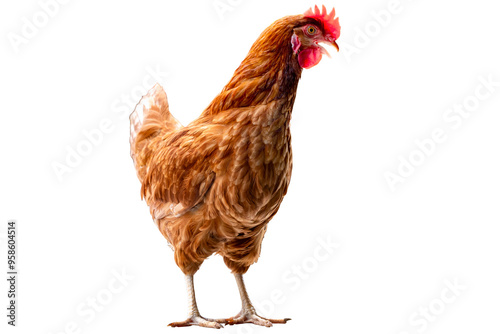 Chicken, Full body of brown chicken hen standing isolated transparent background, Laying hens farmers concept.