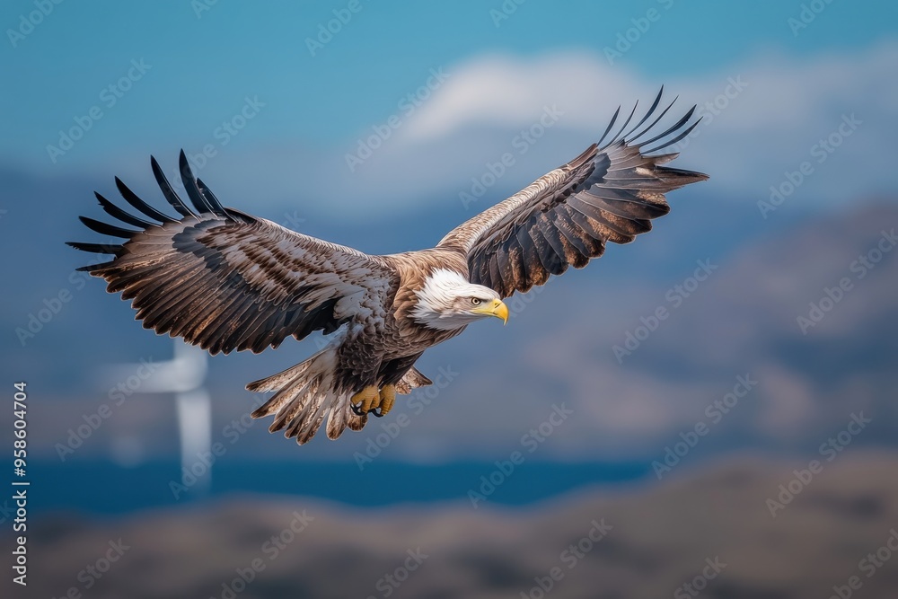 Obraz premium A grand eagle glides through the air with spreading wings, showing a striking contrast against the backdrop of a wind turbine, emphasizing coexistence of wildlife and technology.