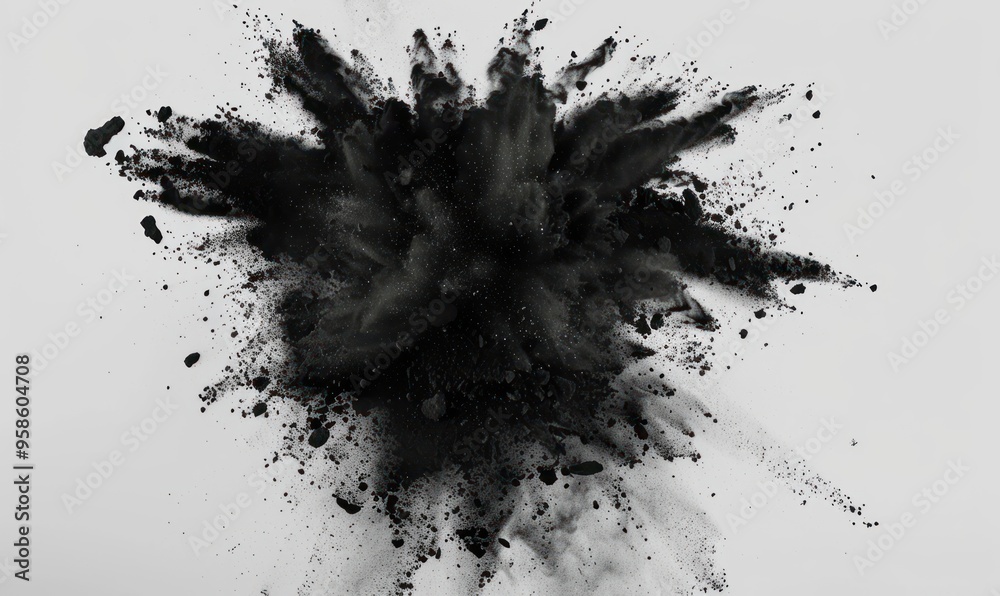 Black powder explosion on a white background. Abstract energy concept. Black powder explosion on a white background. Abstract energy concept.