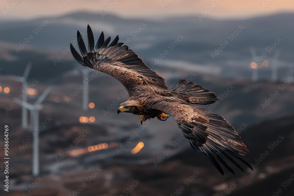 Obraz premium An eagle is caught mid-flight over a twilit landscape, with the golden hues of sunset blending softly with the silhouettes of wind turbines, exemplifying a fusion of nature and progress.